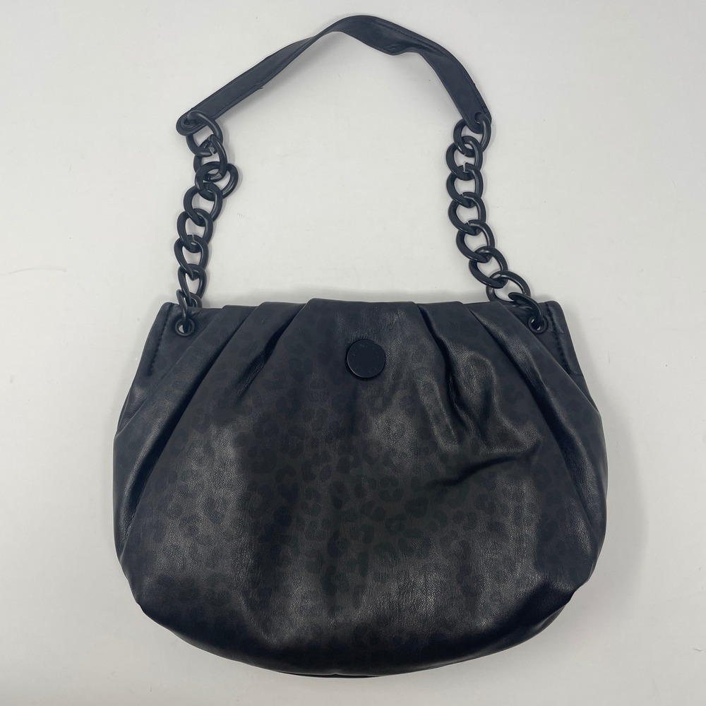 Kendall + Kylie Black Leopard Print Slouchy Shoulder Bag Chain Strap Pleated Y2K